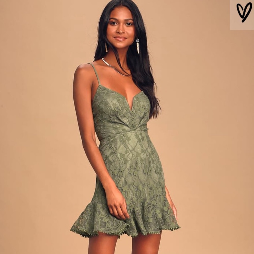 Lulus Ruffled Lace-Up Olive Dress